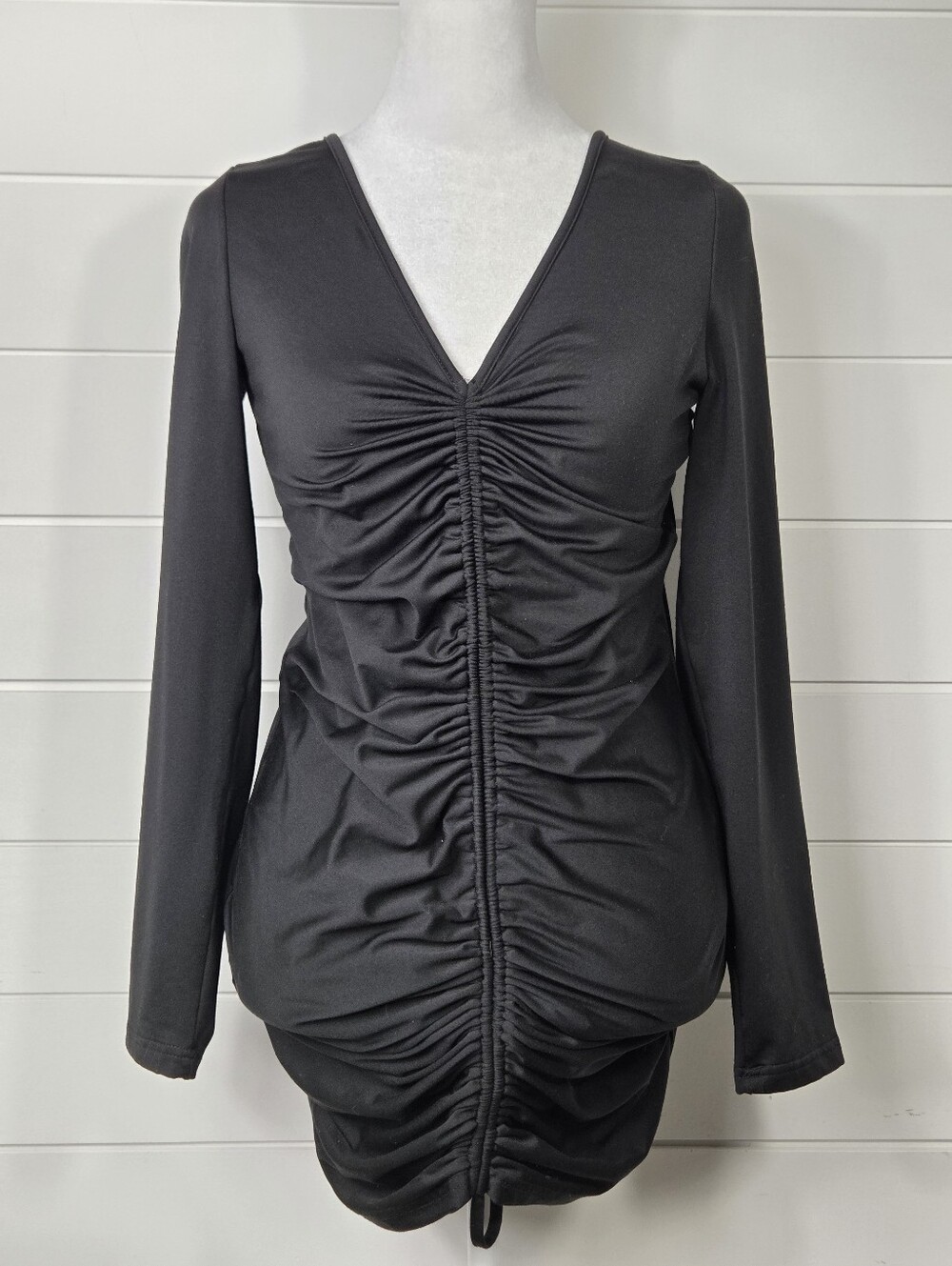 Women's Black Ruched V-Neck Long Sleeve Dress Size L